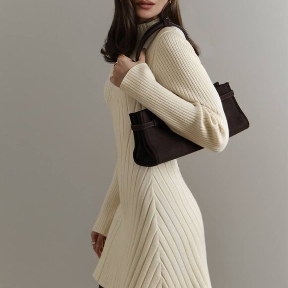 NWT High Neck Long Sleeve A-Line Knit Dress Cream - Picture 2 of 4